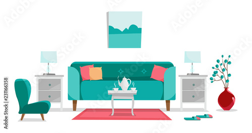 Turquoise sofa with table, bedside tables, painting, table lamps, vase, carpet, soft chair and slippers in living room. Porcelain coffee set of coffee pot and two cups on table. Flat cartoon vector