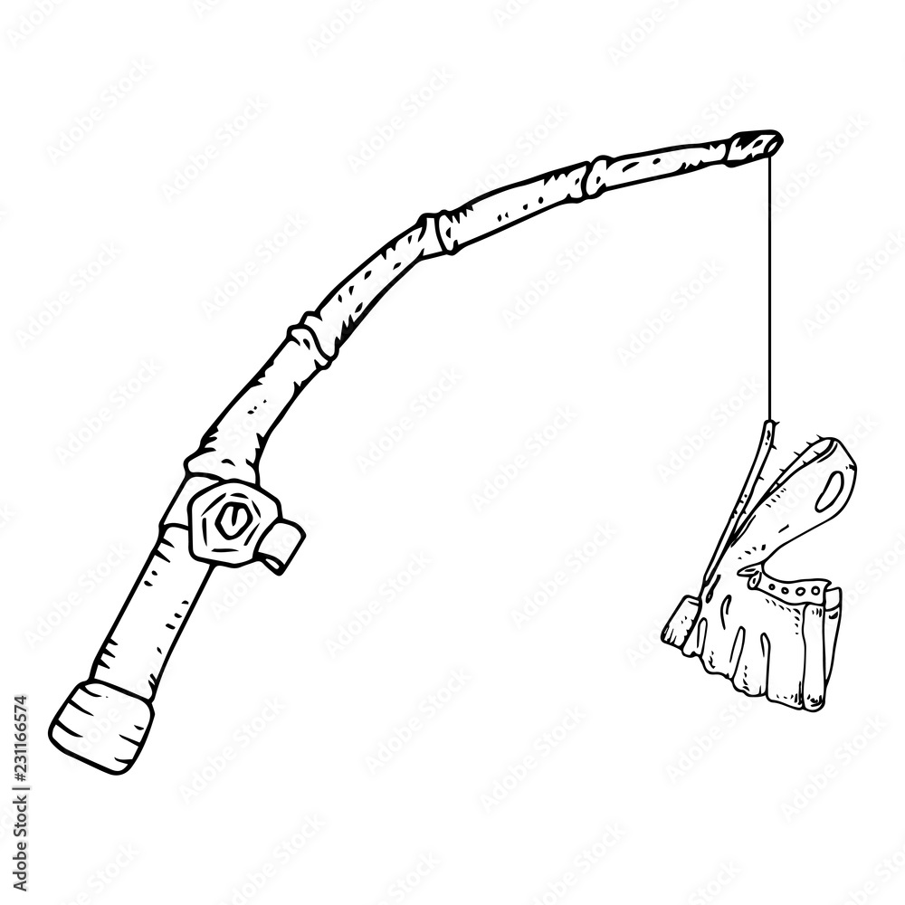 Obraz premium Fishing rod with crochet. Vector illustration fishing gear with old boot. Hand drawn.