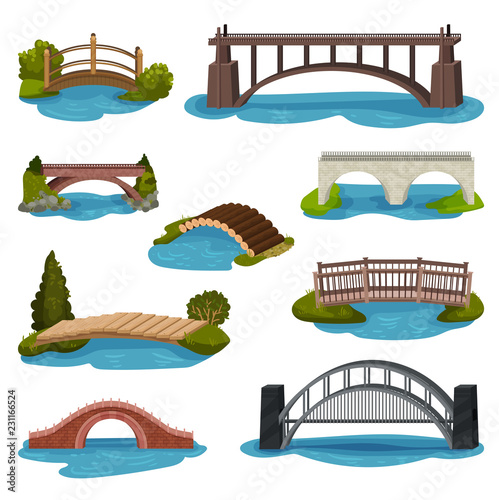 Flat vector set of different bridges. Wooden, metal and brick footbridges. Constructions for transportation. Architecture theme