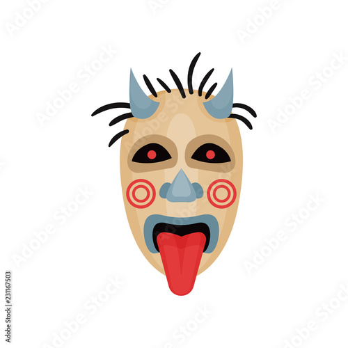Scary mask with horns, black eyes and tongue out. Ritual attribute. Divination theme. Flat vector element for mobile game