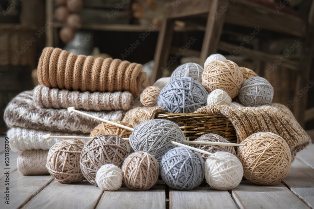 Basket with balls of yarn Basket with balls of yarn