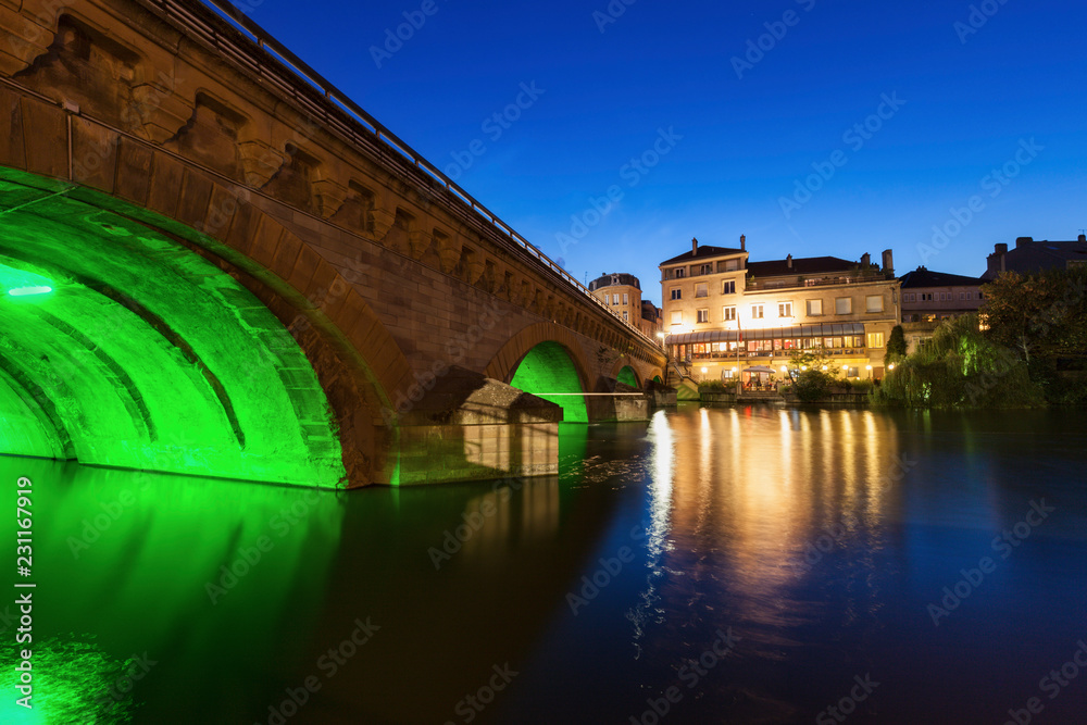 Illuminated bridge in Metz at night