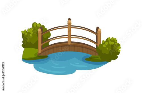 Wooden arch bridge with railings. Footbridge over small pond. Green bushes and grass. Flat vector element for map of city park