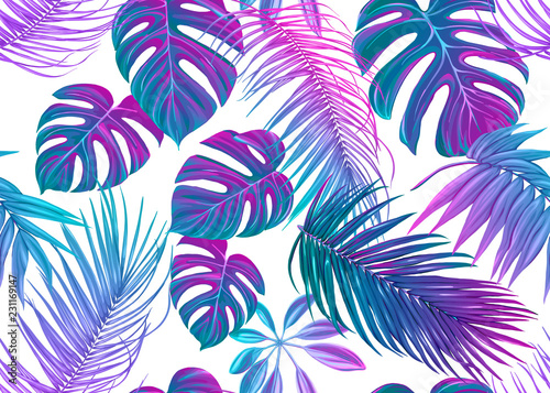Tropic leaves seamless pattern in neon colors