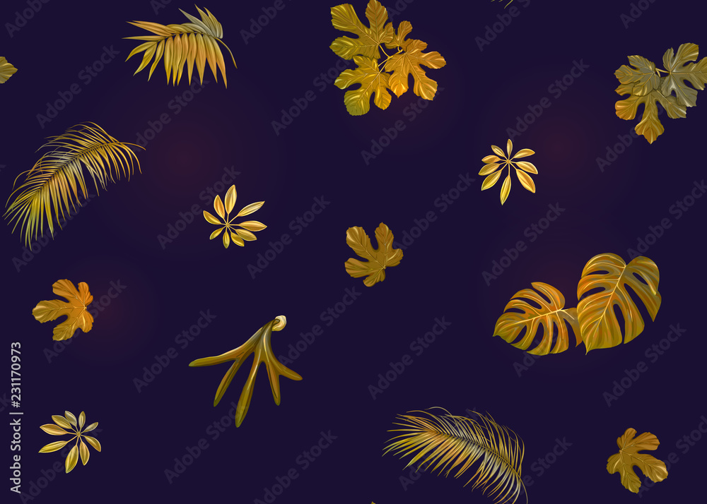 Fototapeta premium Tropic leaves seamless pattern in neon colors