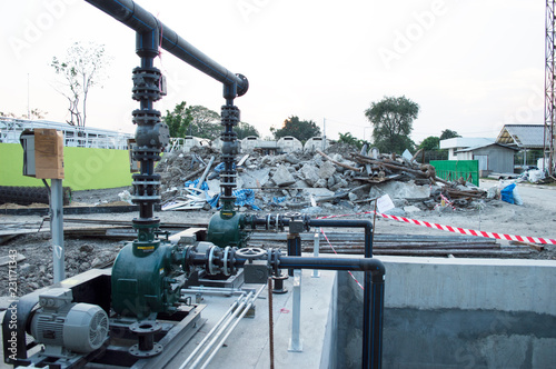 Water pump in the construction site. To build a wastewater treatment plant in Bangkok