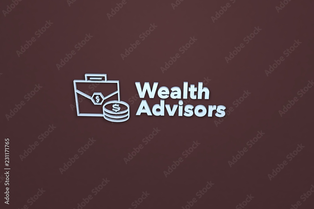 Text Wealth Advisors with blue 3D illustration and brown background Text Wealth Advisors with blue 3D illustration and brown background