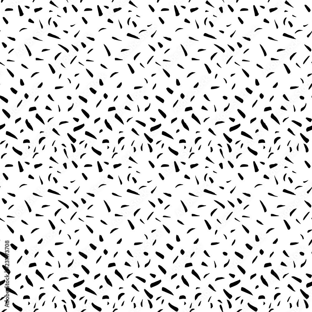 Black abstract texture with dashes or ink blobs. Paint ticks hand drawn background. Pencil, pen, marker ink pattern. Simple angle geometric shapes. Poster or wallpaper design. Vector illustration
