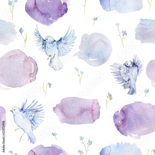 Murais de parede Gentle seamless pattern with birds, forget me not flowers and watercolor splashes