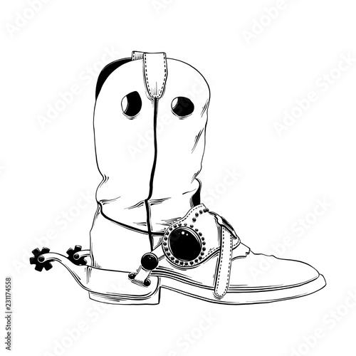 Vector engraved style illustration for posters, decoration and print. Hand drawn sketch of western cowboy boot in black isolated on white background. Detailed vintage etching style drawing.