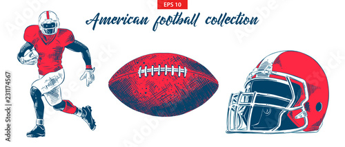 Vector engraved style illustration for posters, decoration. Hand drawn sketch of american football player, ball and helmet set isolated on white background. Detailed vintage etching drawing.