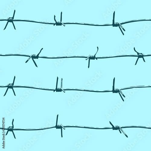 Barbed wire Seamless vector pattern on blue background.