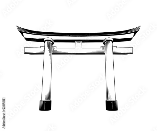 Vector engraved style illustration for posters, decoration and print. Hand drawn sketch of japanese torii gate isolated on white background. Detailed vintage etching drawing.