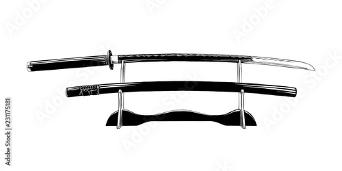 Vector engraved style illustration for posters, decoration and print. Hand drawn sketch of japanese katana sword isolated on white background. Detailed vintage etching drawing.