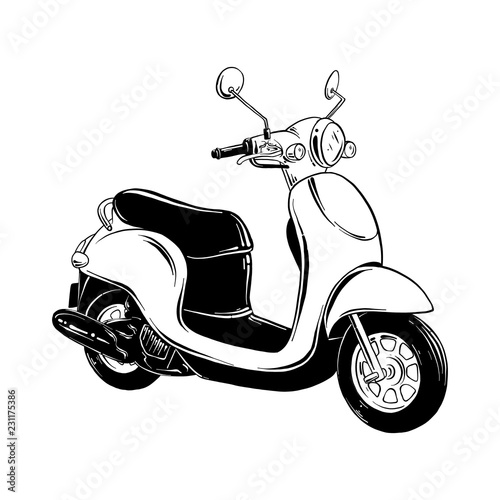 Vector engraved style illustration for posters, decoration and print. Hand drawn sketch of scooter in black isolated on white background. Detailed vintage etching style drawing.
