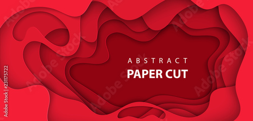 Vector background with deep red color paper cut shapes. 3D abstract Christmas paper art style, design layout for business presentations, flyers, posters, prints, decoration, cards, brochure cover.