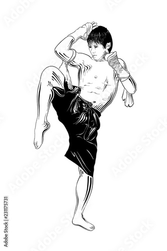 Vector engraved style illustration for posters, decoration and print. Hand drawn sketch of thai boxer in black isolated on white background. Detailed vintage etching style drawing.