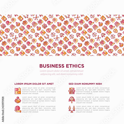 Business ethics concept with thin line icons: union, trust, honesty, responsibility, justice, commitment, no to racism, gender employment, core values. Vector illustration, print media template.