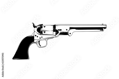 Vector engraved style illustration for posters, decoration and print. Hand drawn sketch of western gun isolated on white background. Detailed vintage etching drawing.