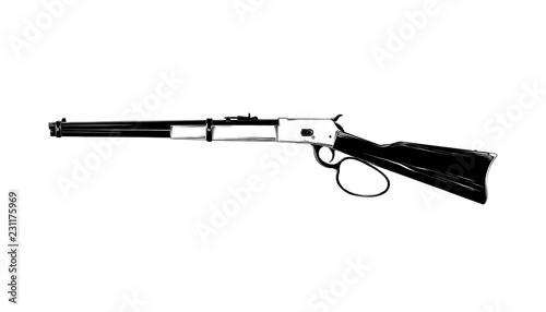 Vector engraved style illustration for posters, decoration and print. Hand drawn sketch of western rifle isolated on white background. Detailed vintage etching drawing.