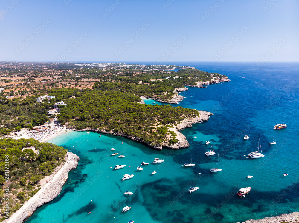 Spain, Balearic Islands, Mallorca, Aerial view of Cala Mondrago and Playa Mondrago, Mandrago Nature Park Spain, Balearic Islands, Mallorca, Aerial view of Cala Mondrago and Playa Mondrago, Mandrago Nature Park