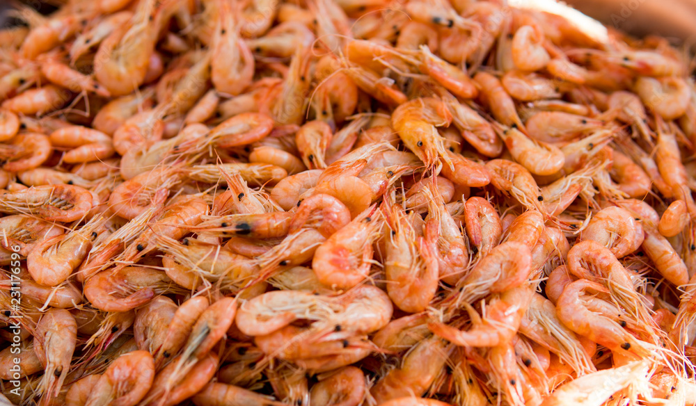 Close-up view of a pile of fresh little shripms. Close-up view of a pile of fresh little shripms.