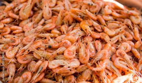 Close-up view of a pile of fresh little shripms.