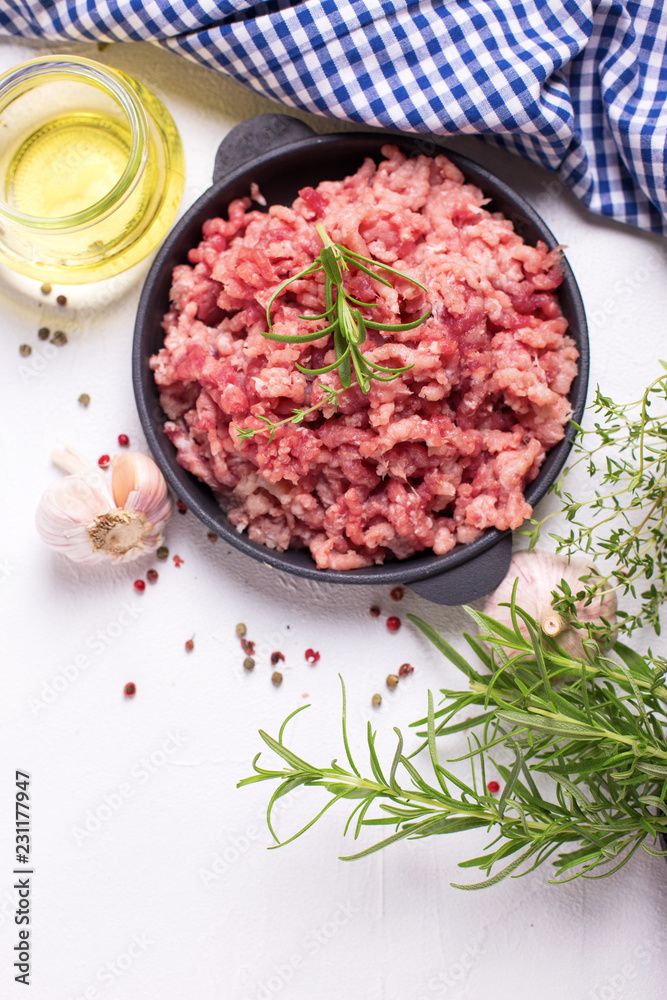 Raw minced meat in bowl with ingredients for cooking Raw minced meat in bowl with ingredients for cooking