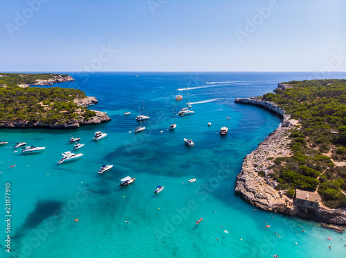 Spain, Balearic Islands, Mallorca, Aerial view of Cala Mondrago, Mandrago Nature Park photo