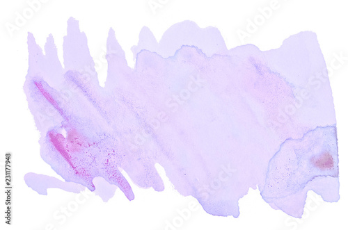 Lilac pastel watercolor hand-drawn isolated wash stain on white background for text, design. Abstract texture made by brush for wallpaper, label.