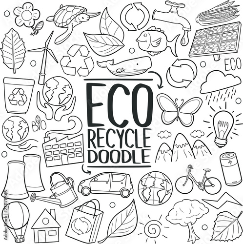 Ecology Recycle Traditional Doodle Icons Sketch Hand Made Design Vector