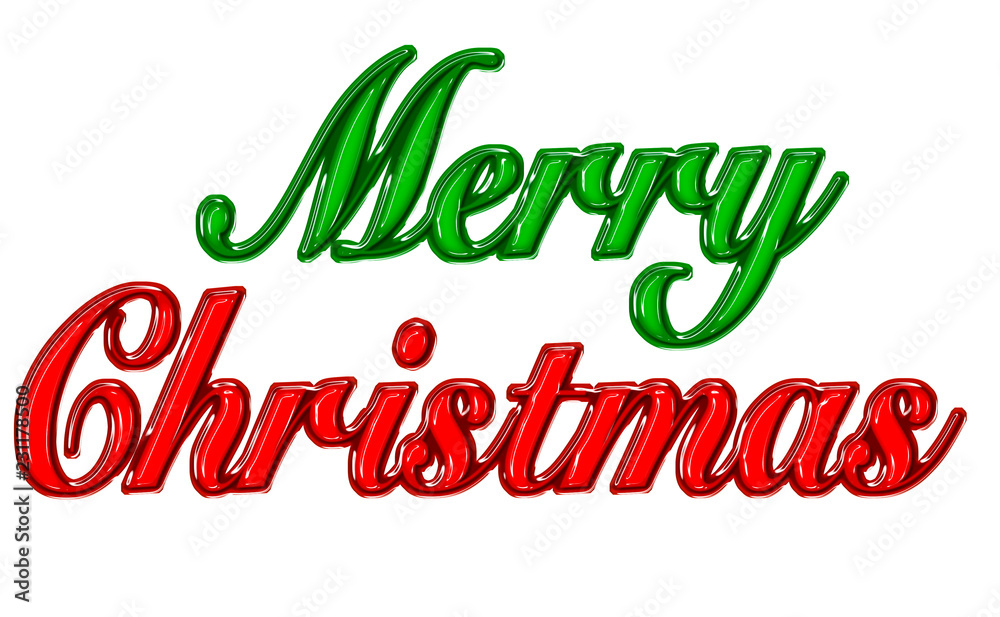 MERRY CHRISTMAS SIGN IN RED AND GREEN PLASTIC STYLE ISOLATED ON WHITE BACKGROUND. (clipping path included)