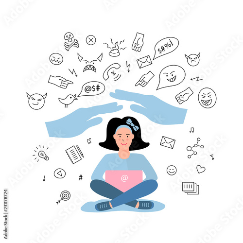 Vector illustration, protection of the teenager from cyberbullying. Cyberbullying, trolling concept. Social network media community technology problems. Flat and line style.