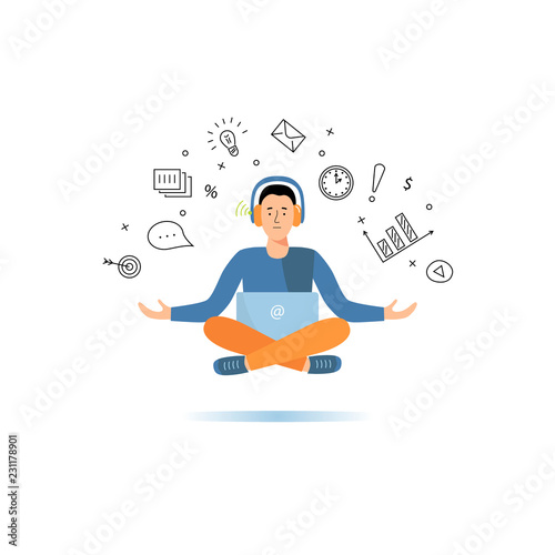 Man is working on laptop. Programmer or project manager in a yoga pose. Flat and line styles vector illustration.