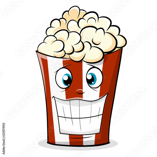 Funny popcorn character in a red striped bucket. Cartoon Vector Illustration.