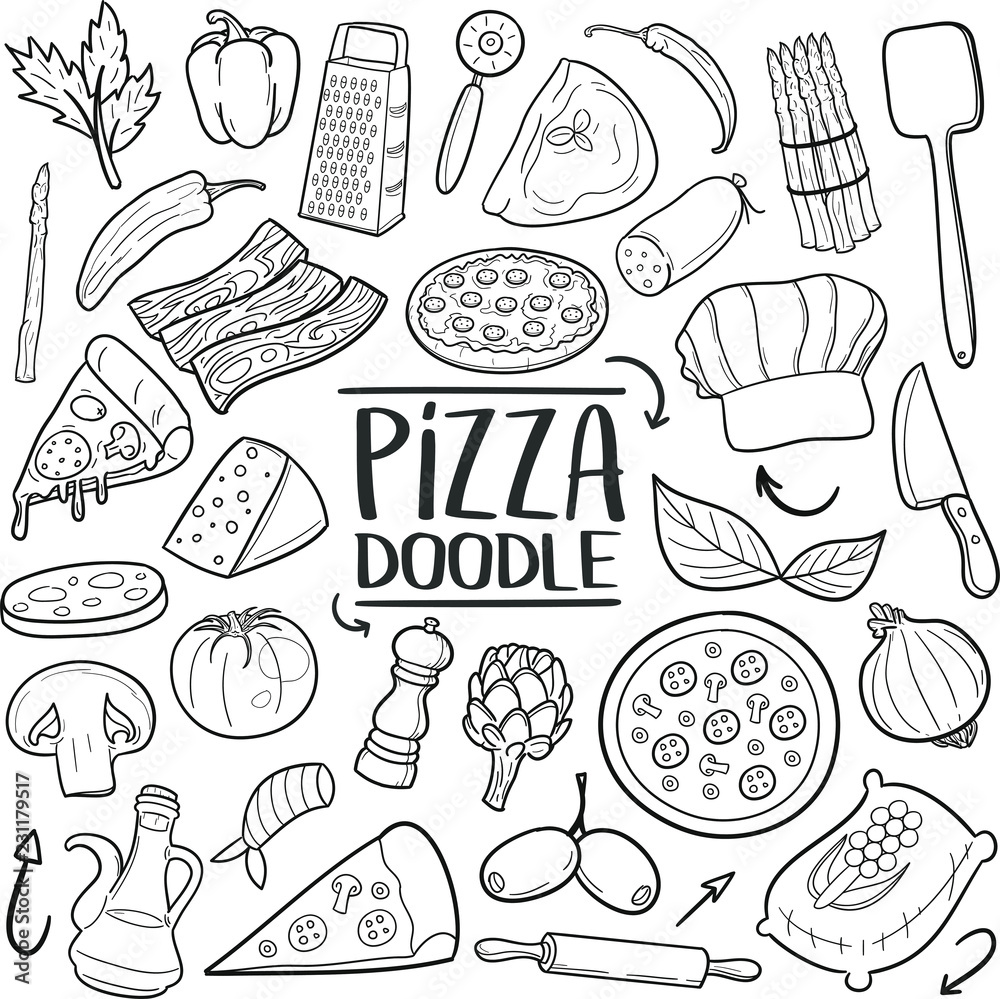 Fototapeta Pizza Pizzeria Restauracja Składniki Tradycyjne Doodle Ikony Szkic Ręcznie Wykonane Projekt Wektor