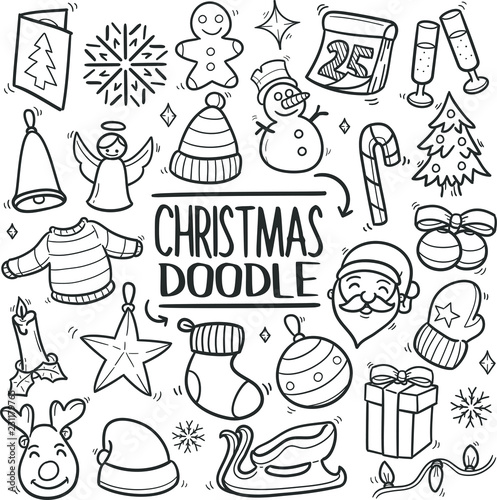 Happy Christmas Traditional Doodle Icons Sketch Hand Made Design Vector