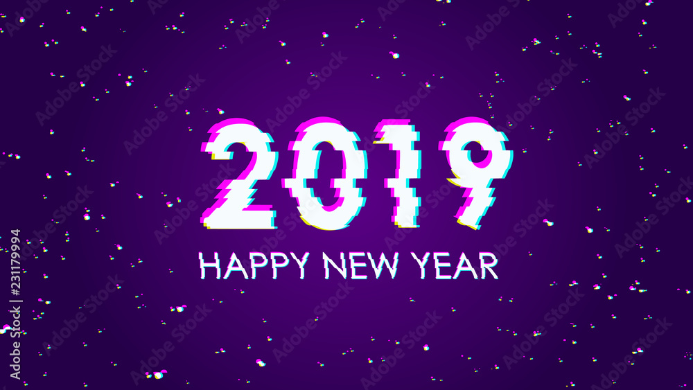 Trendy glitch effect. 2019 Happy New Year. Greeting card modern. Memphis geometric bright style. Colorful fun comic. Cosmic space. Universe galaxy festive backdrop. Violet dark sky with lights noise Trendy glitch effect. 2019 Happy New Year. Greeting card modern. Memphis geometric bright style. Colorful fun comic. Cosmic space. Universe galaxy festive backdrop. Violet dark sky with lights noise