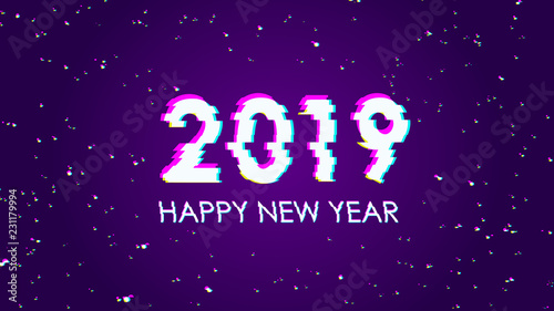 Trendy glitch effect. 2019 Happy New Year. Greeting card modern. Memphis geometric bright style. Colorful fun comic. Cosmic space. Universe galaxy festive backdrop. Violet dark sky with lights noise