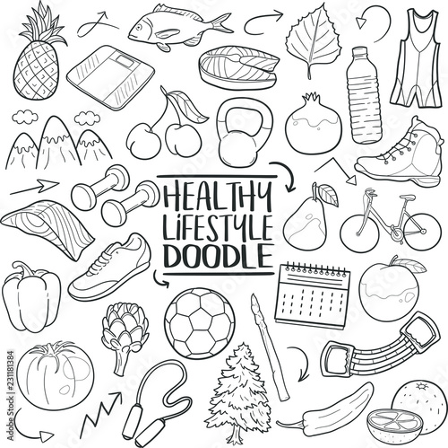 Healthy Life Style Traditional Doodle Icons Sketch Hand Made Design Vector 