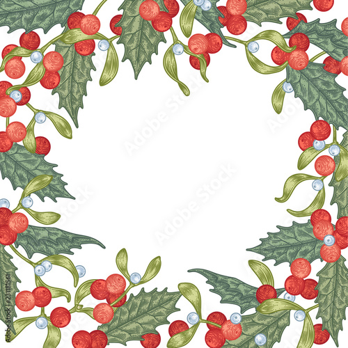 Round wreath of detailed holly berry and mistletoe branches