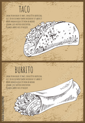 Taco and Burrito on Vintage Background Poster
