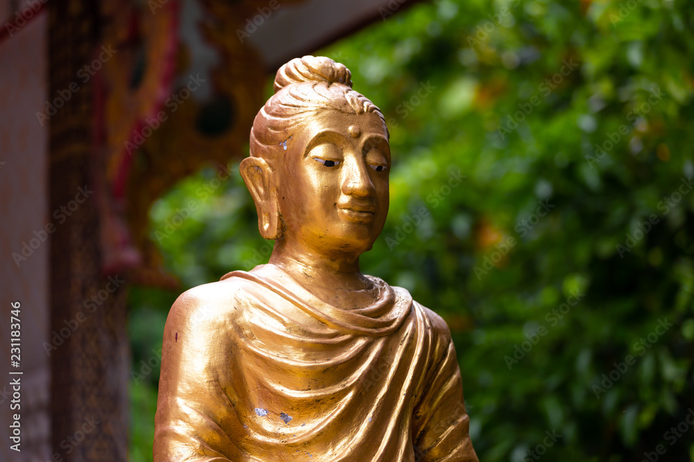 Statue of Buddha sitting meditating Mahayana gold on the outdoor platform.
