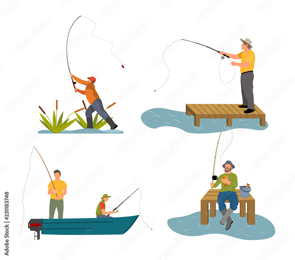 Fishery Rod in Men Hand Set Vector Illustration