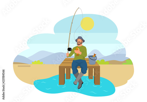 Fisherman with Fishing Rod and Fish Vector Icon