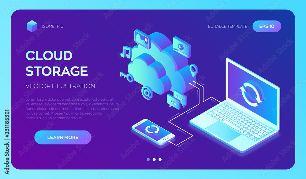 Cloud storage. Cloud Computing Technology Isometric Concept with Laptop and Smartphone Icons. Data transfers on Internet from gadget to gadget. Synchronization of devices. Vector illustration. Cloud storage. Cloud Computing Technology Isometric Concept with Laptop and Smartphone Icons. Data transfers on Internet from gadget to gadget. Synchronization of devices. Vector illustration.