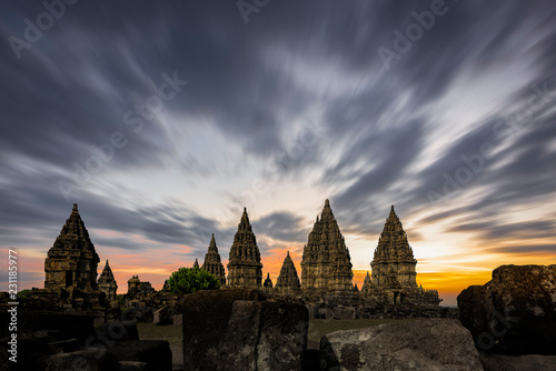 Magnificent Prambanan Temple view with coudy sunset background