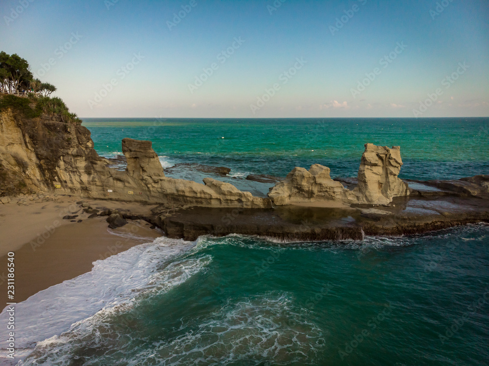 Fototapeta premium Aerial view of Klayar beach with rock tower, East Java, Indonesia