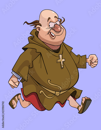 cartoon cheerful man in a catholic monks cassock running