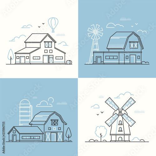 Farm life - set of line design style vector illustrations
